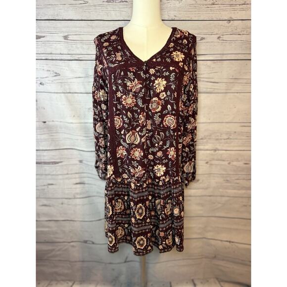 American Eagle Outfitters Dresses & Skirts - American Eagle Boho Floral Peasant Dress Small Burgundy Long Sleeve Crochet Neck